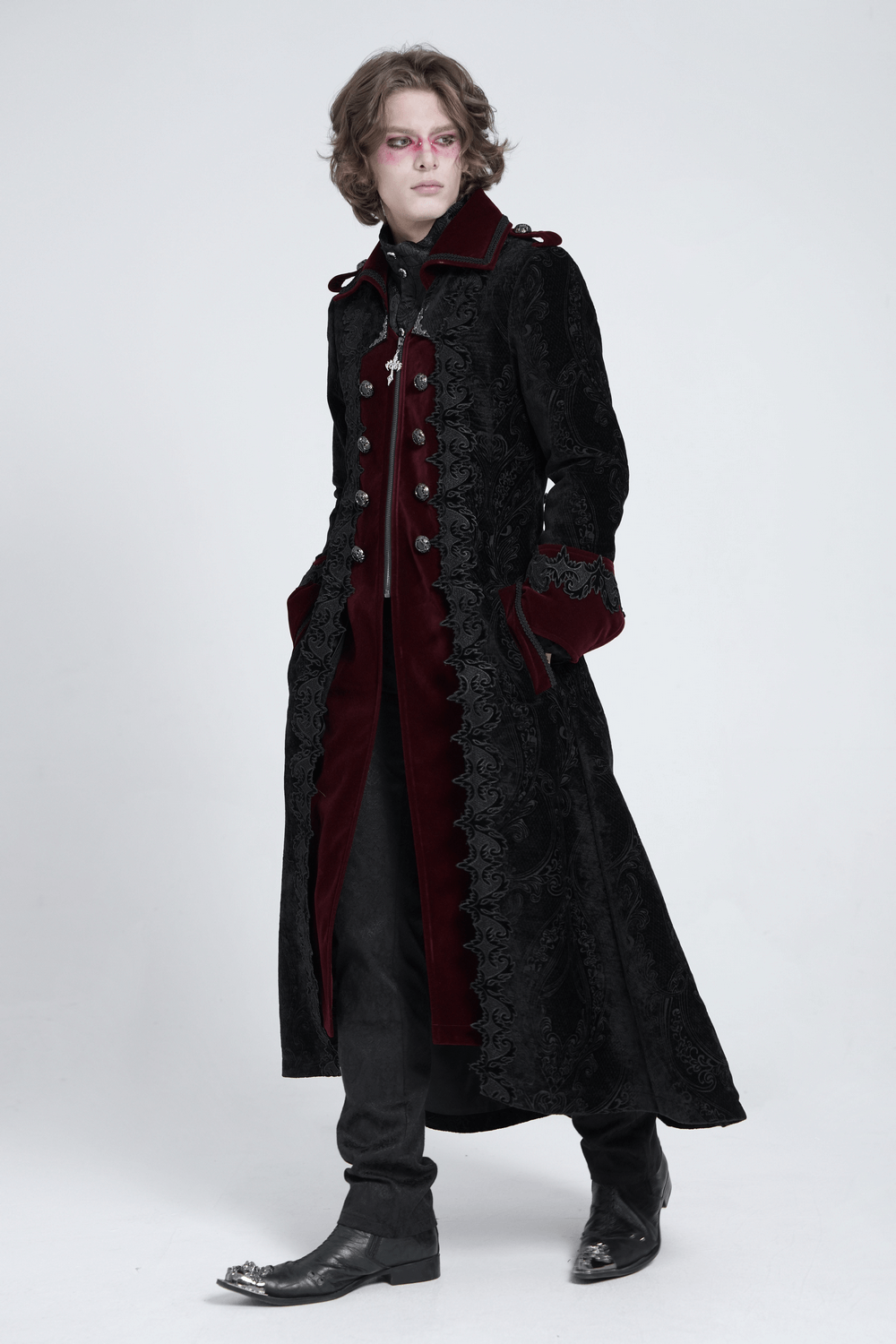 Men's Gothic Velvet Coat with WIne Red Trim and Brocade