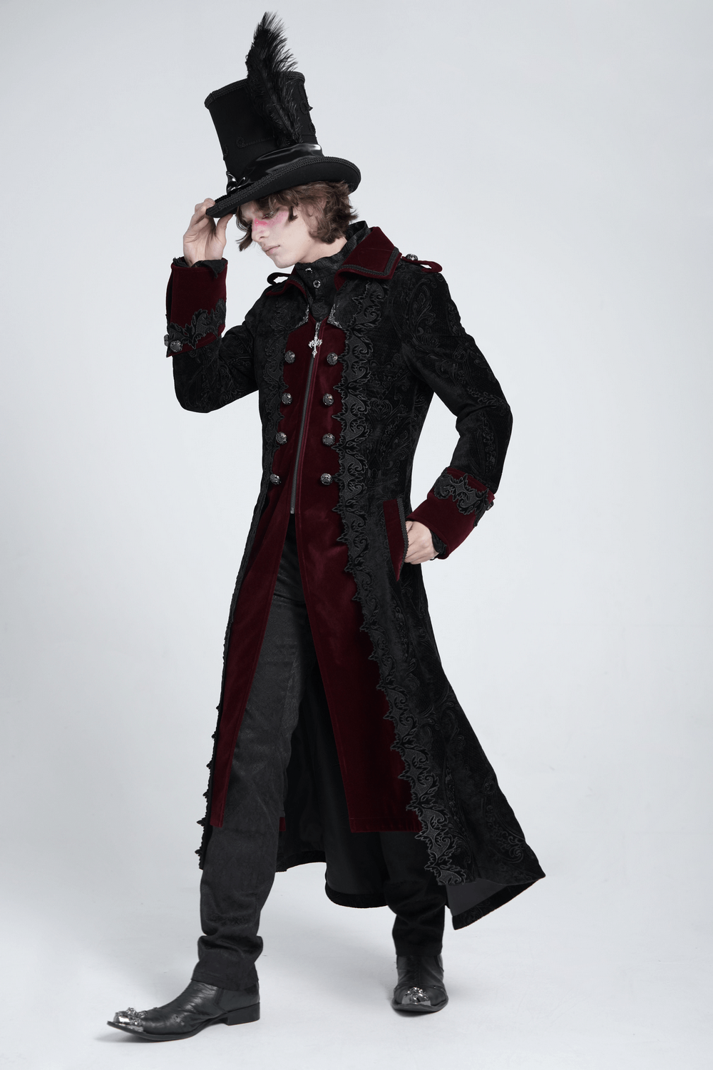 Men's Gothic Velvet Coat with WIne Red Trim and Brocade