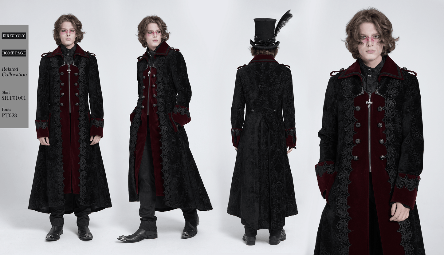 Men's Gothic Velvet Coat with WIne Red Trim and Brocade