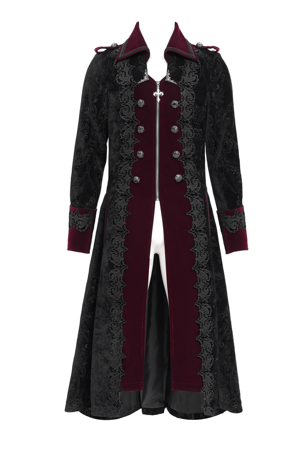 Men's Gothic Velvet Coat with WIne Red Trim and Brocade