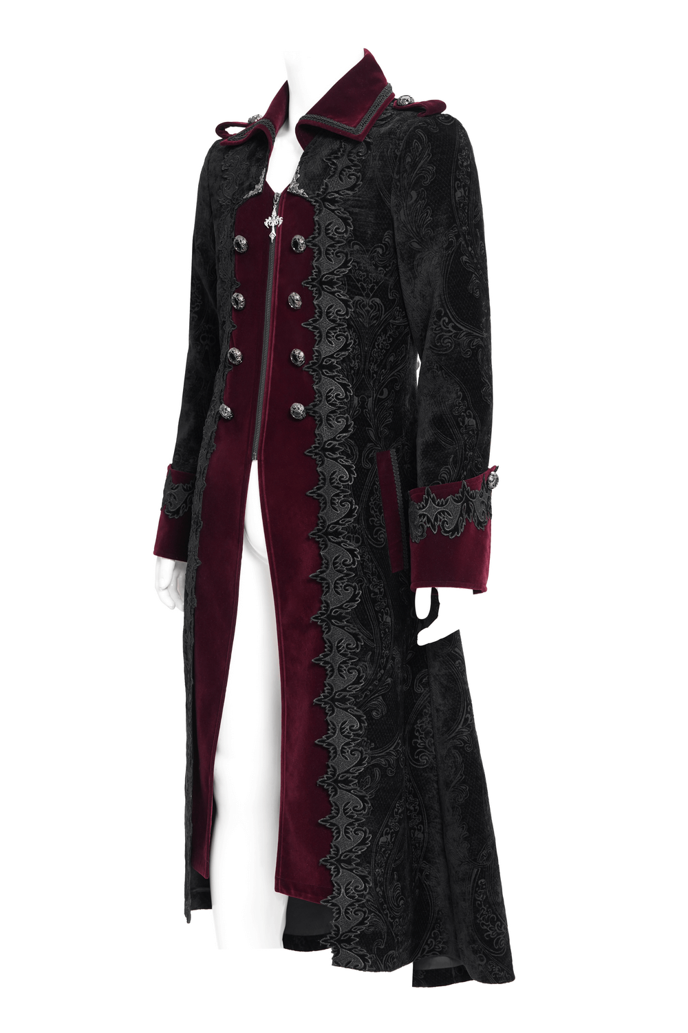 Men's Gothic Velvet Coat with WIne Red Trim and Brocade