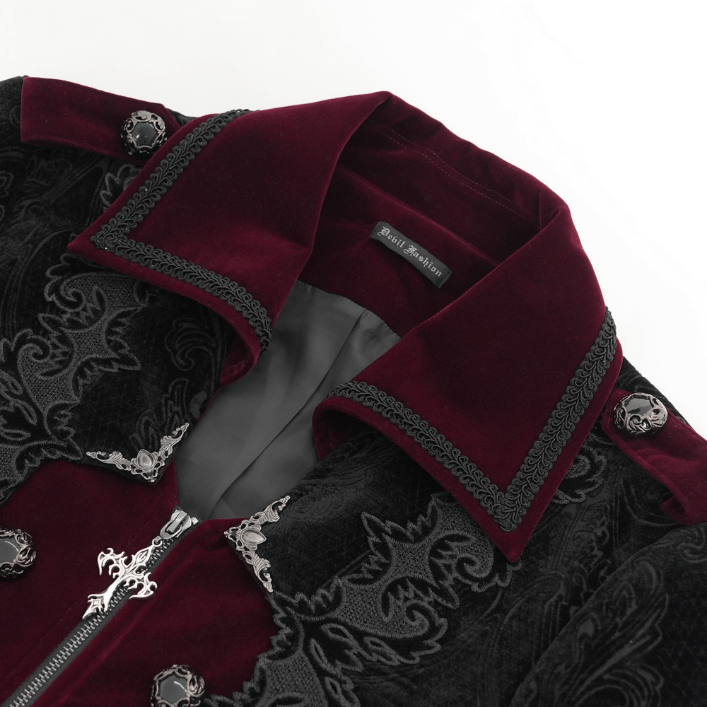 Men's Gothic Velvet Coat with WIne Red Trim and Brocade