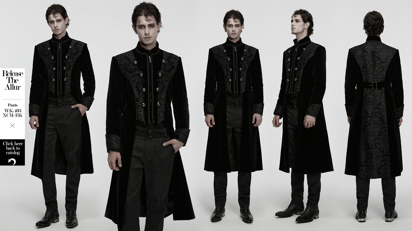 Men's Gothic Velvet Long Coat with Jacquard Detailing