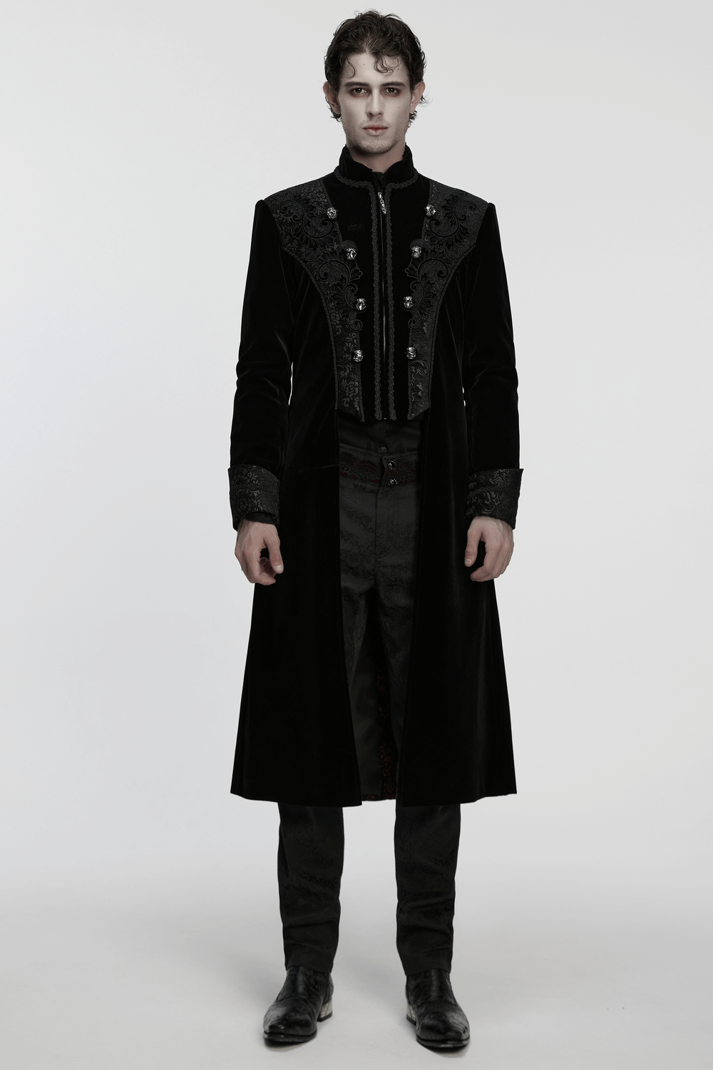 Men's Gothic Velvet Long Coat with Jacquard Detailing