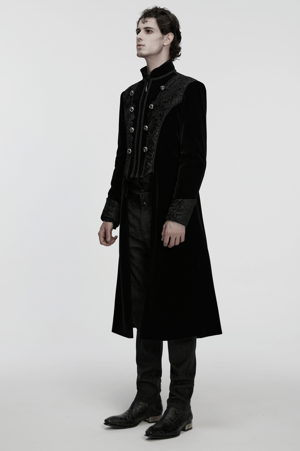 Men's Gothic Velvet Long Coat with Jacquard Detailing