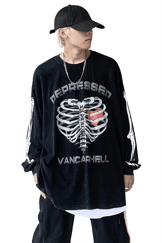 Men's Heart Skeleton Print Sweatshirt / Punk Style Cotton Pullover / Fashion Loose Sweatshirts