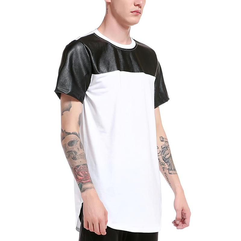 Men's T-Shirt Patchwork Leather / Summer Streetwear Tee Shirts Short Sleeve