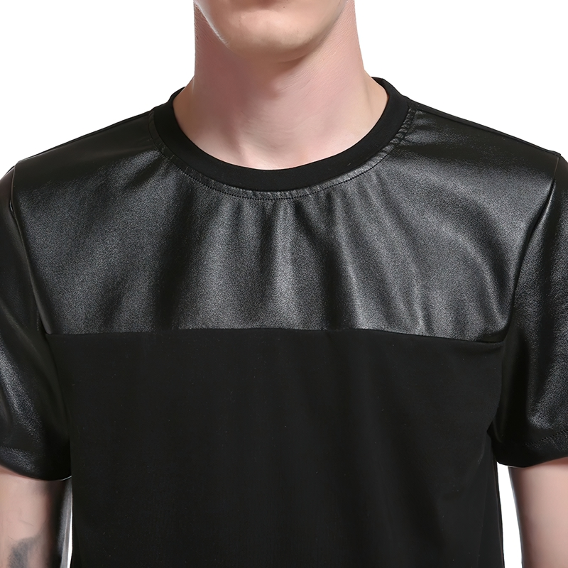 Men's T-Shirt Patchwork Leather / Summer Streetwear Tee Shirts Short Sleeve