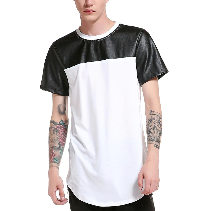 Men's T-Shirt Patchwork Leather / Summer Streetwear Tee Shirts Short Sleeve