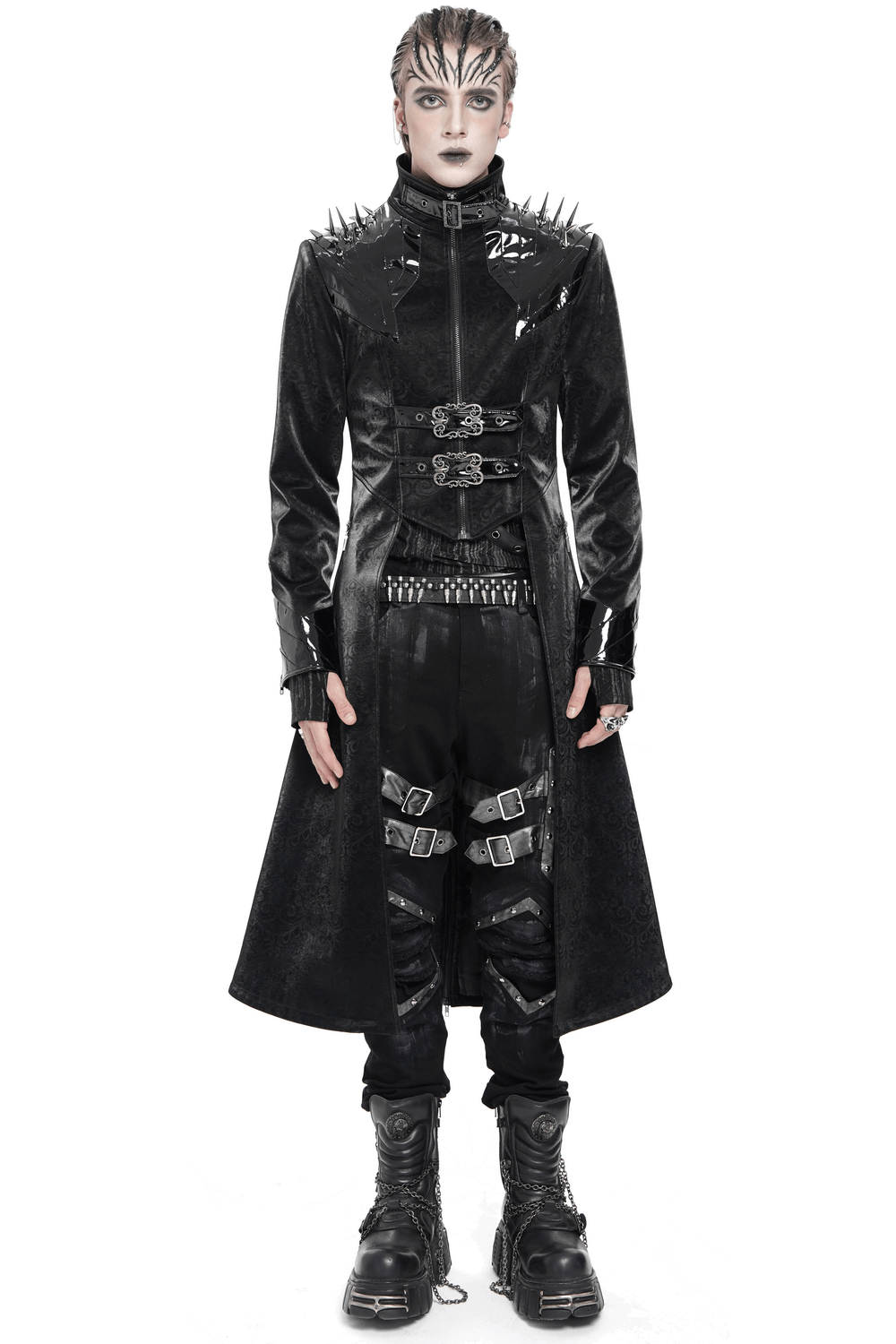 Men's Long Coat with Spikes and Metal Buckle Detail
