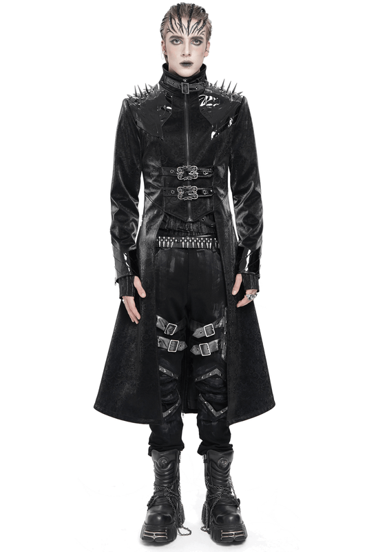 Men's Long Coat with Spikes and Metal Buckle Detail