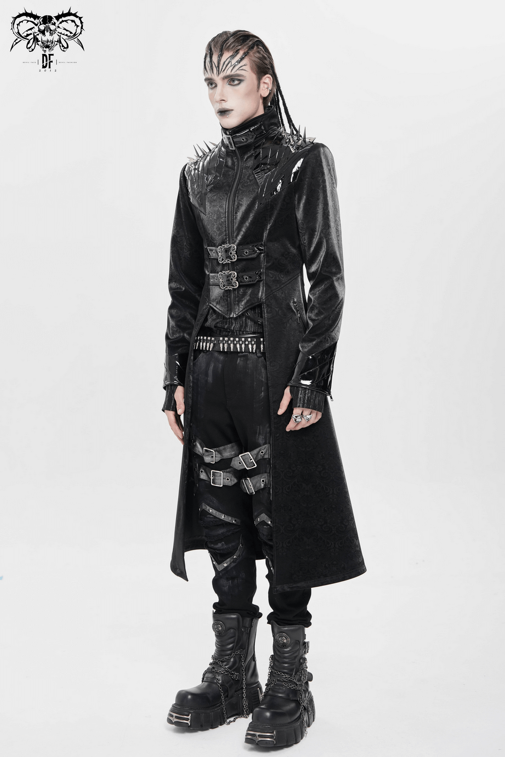 Men's Long Coat with Spikes and Metal Buckle Detail