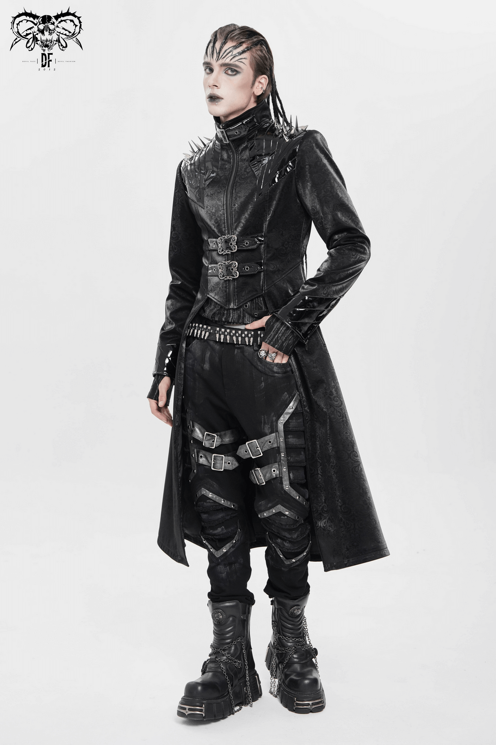 Men's Long Coat with Spikes and Metal Buckle Detail