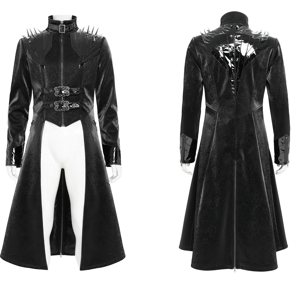Men's Long Coat with Spikes and Metal Buckle Detail