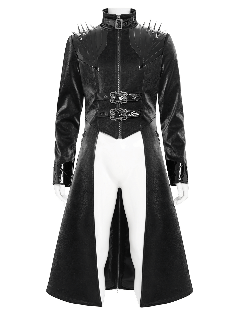 Men's Long Coat with Spikes and Metal Buckle Detail