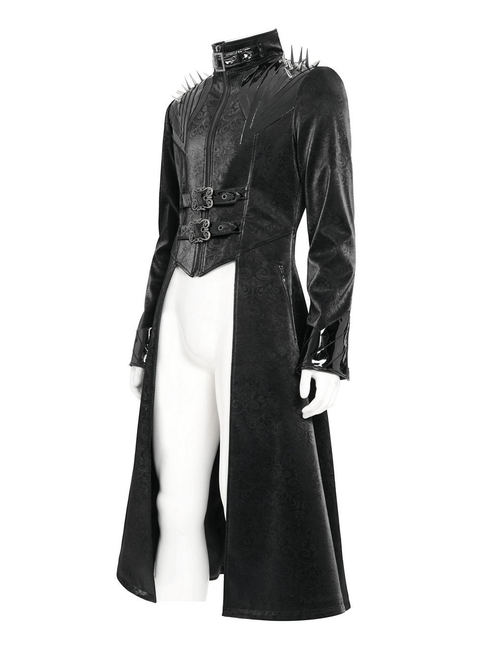 Men's Long Coat with Spikes and Metal Buckle Detail