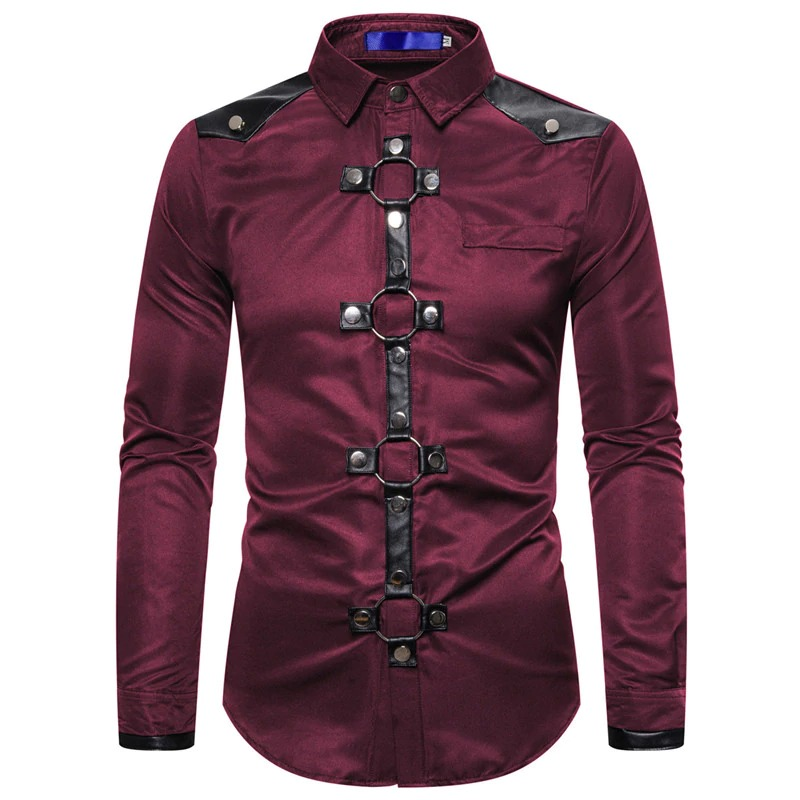Men's Long Shirt with Rivet in Gothic Style / Solid Color Shirts of Slim Fit