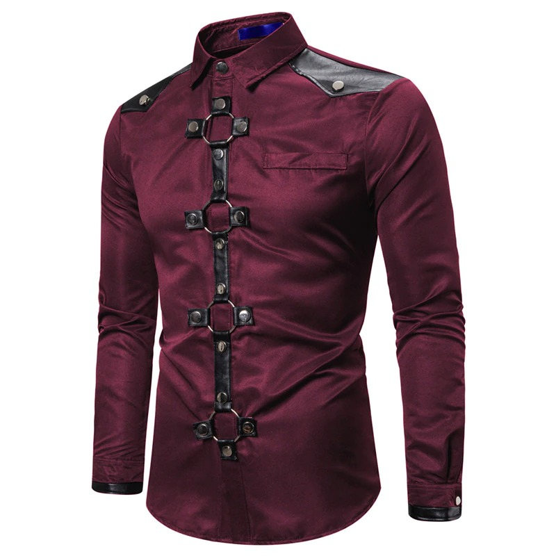 Men's Long Shirt with Rivet in Gothic Style / Solid Color Shirts of Slim Fit