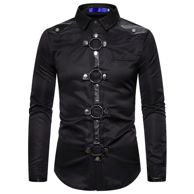 Men's Long Shirt with Rivet in Gothic Style / Solid Color Shirts of Slim Fit