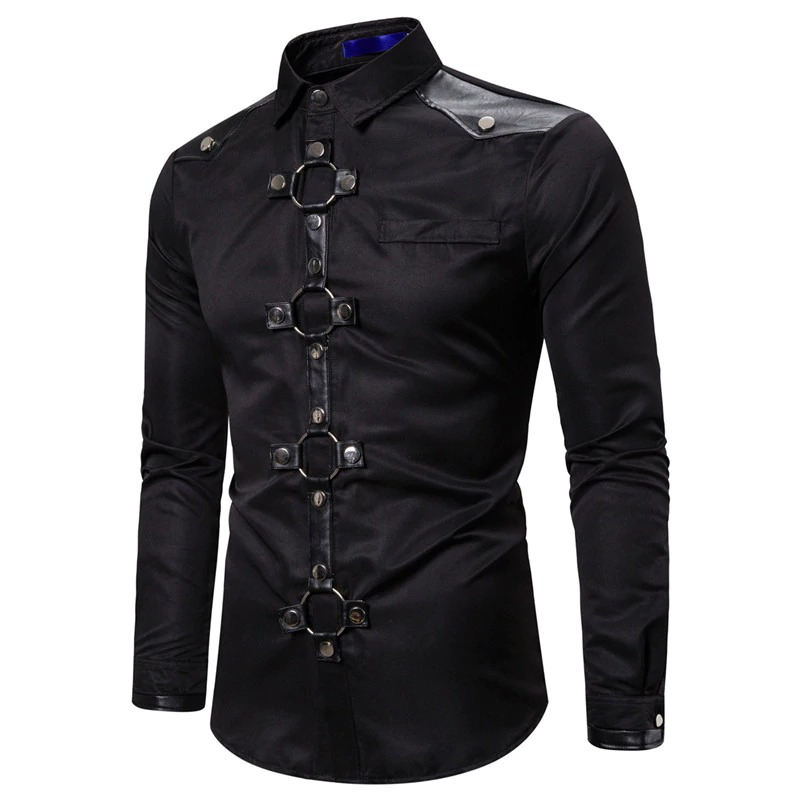 Men's Long Shirt with Rivet in Gothic Style / Solid Color Shirts of Slim Fit