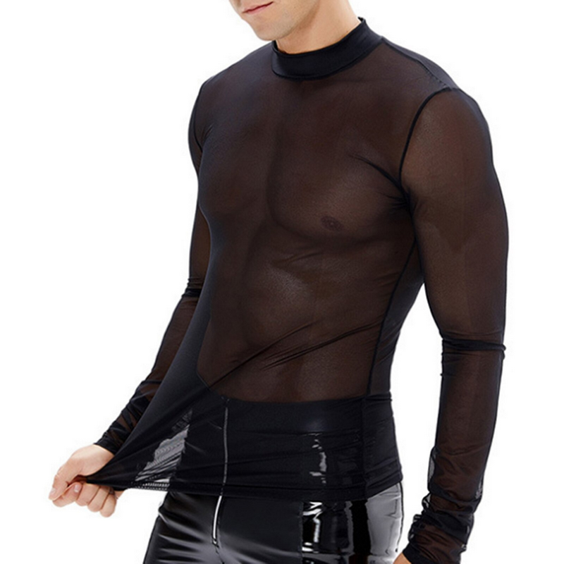 Mens Long Sleeves Mesh See-through Top / Casual Sheer Long T-Shirt / Fashion Rockwear