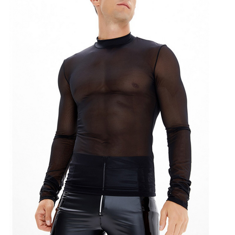 Mens Long Sleeves Mesh See-through Top / Casual Sheer Long T-Shirt / Fashion Rockwear