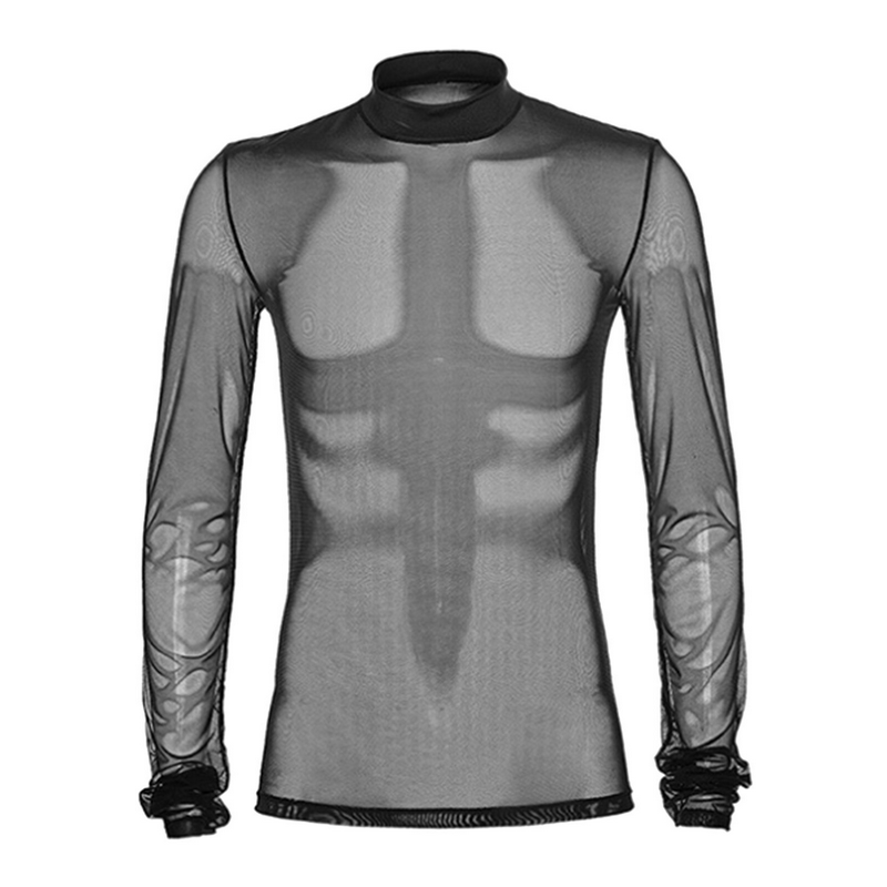 Mens Long Sleeves Mesh See-through Top / Casual Sheer Long T-Shirt / Fashion Rockwear