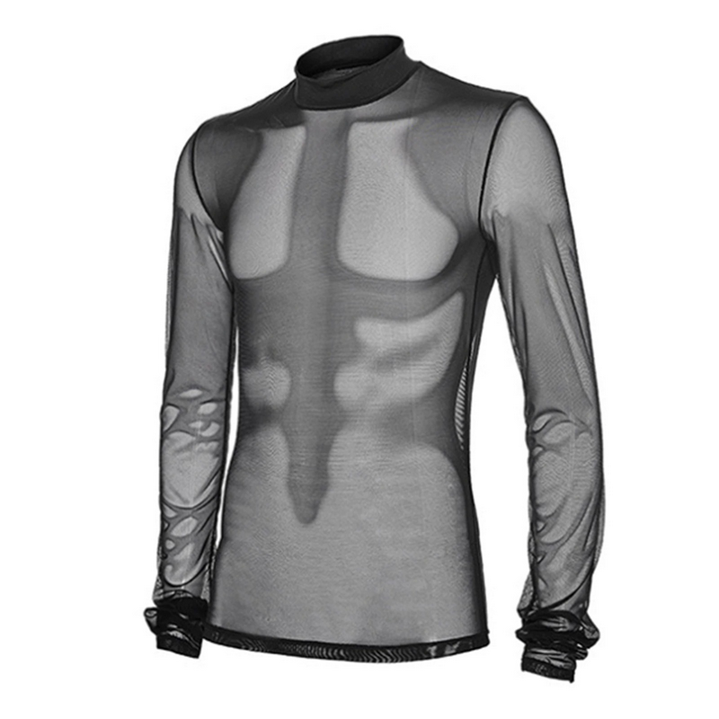 Mens Long Sleeves Mesh See-through Top / Casual Sheer Long T-Shirt / Fashion Rockwear