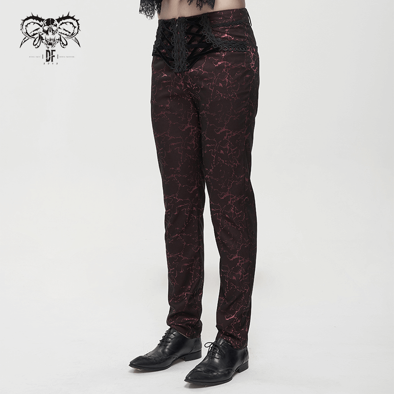 Men's Long Straight Fit Trousers in Gothic Style / Vintage Zipper Front Pants with Lace-Up And Lace