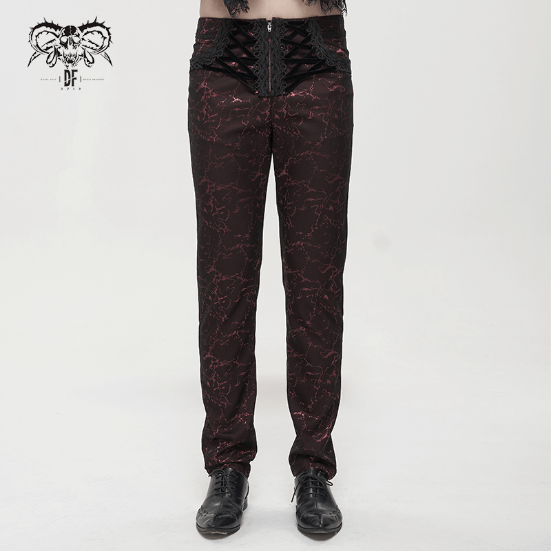 Men's Long Straight Fit Trousers in Gothic Style / Vintage Zipper Front Pants with Lace-Up And Lace