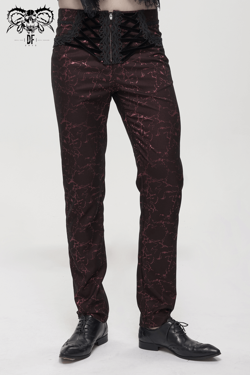 Men's Long Straight Fit Trousers in Gothic Style / Vintage Zipper Front Pants with Lace-Up And Lace