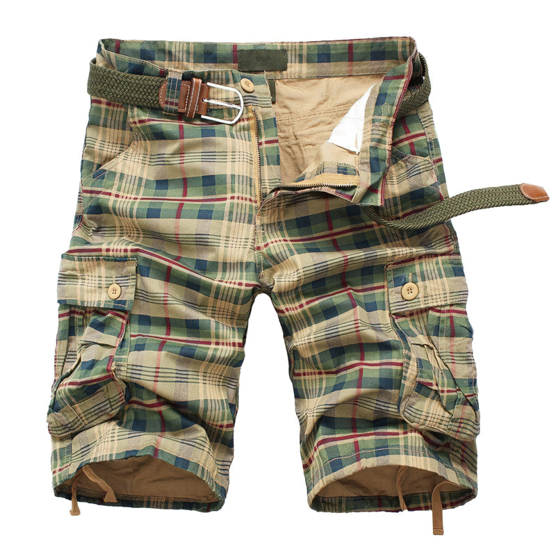 Men's Plaid And Solid Cargo Shorts / Casual Military Style Male Shorts