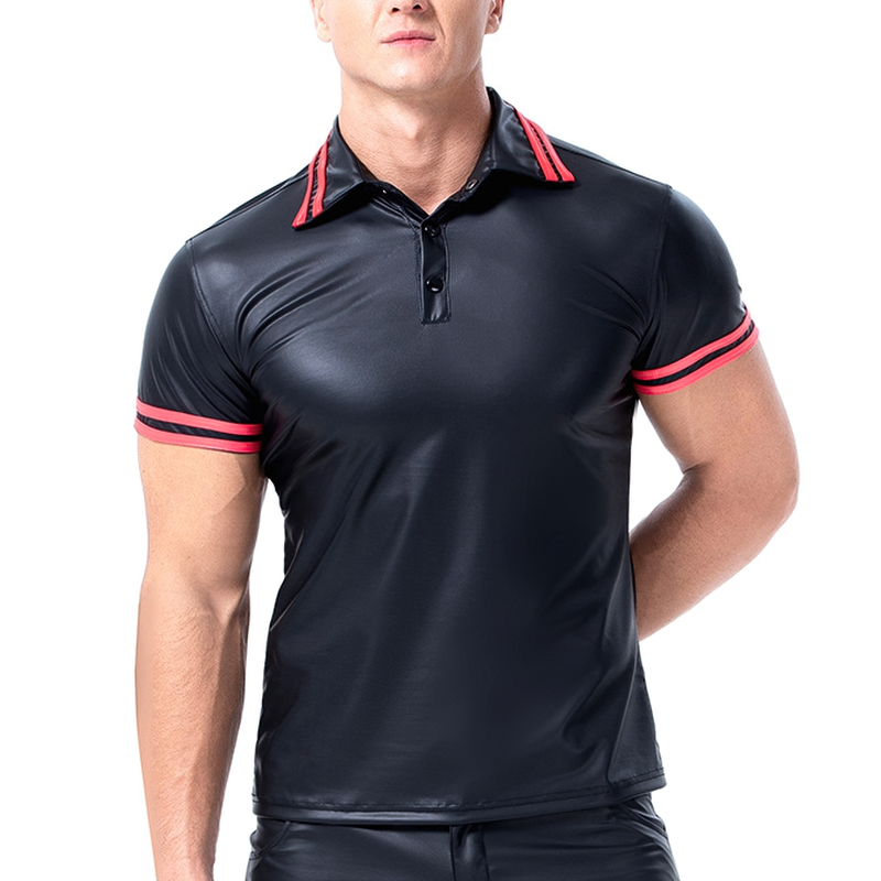 Men's Polo T-shirt with Buttons / Summer Tops with PU Leather Short Sleeve