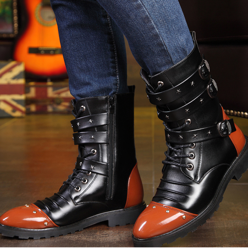 CLEARANCE / Men's PU Leather Motorcycle Black Combat Boots / Goth Shoes