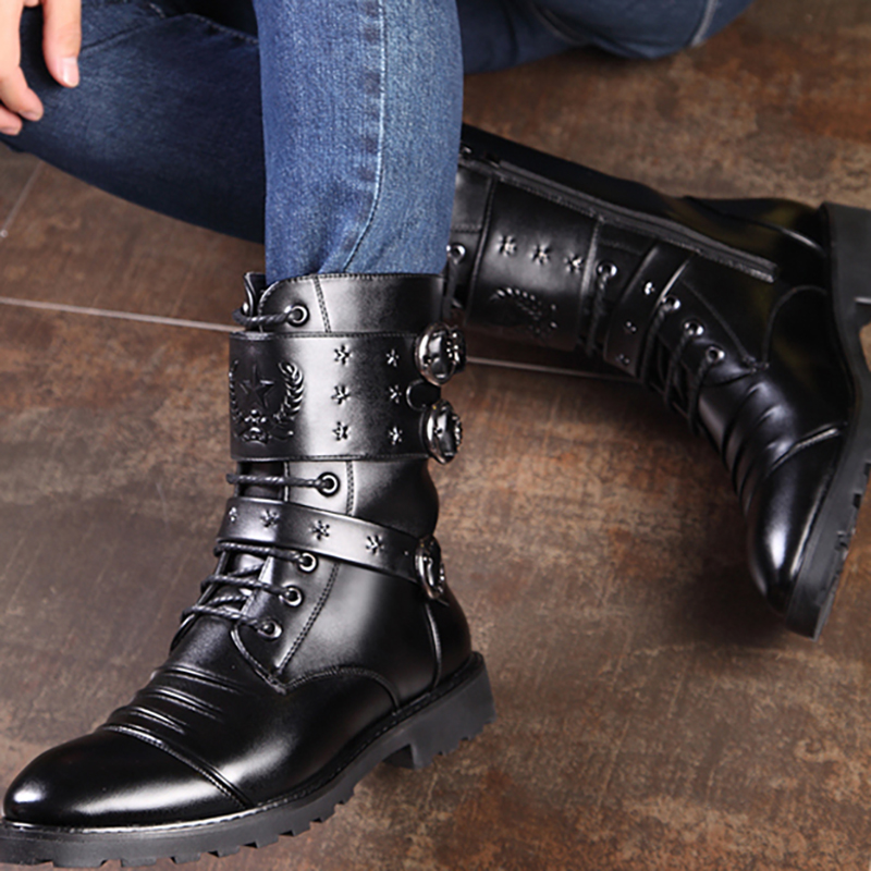 CLEARANCE / Men's PU Leather Motorcycle Black Combat Boots / Goth Shoes