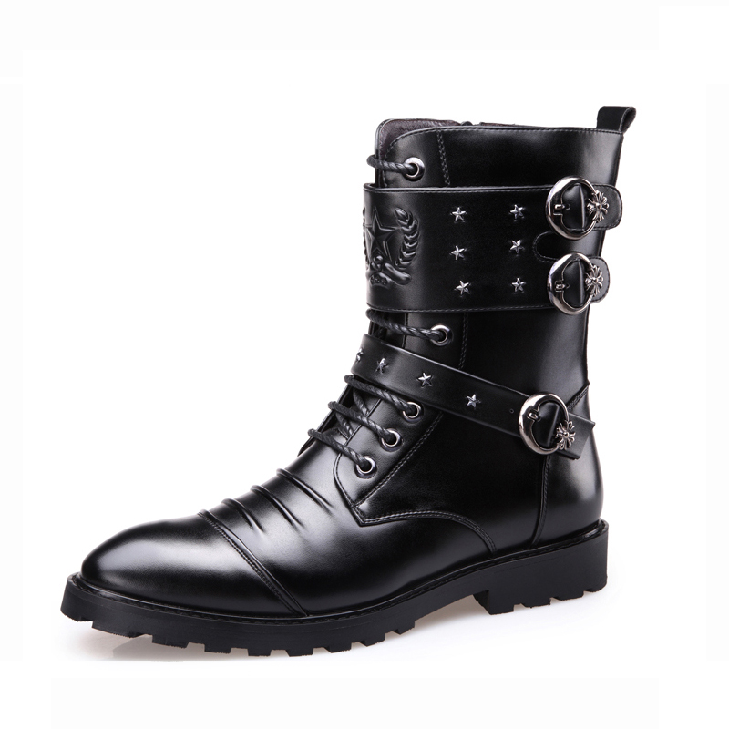 CLEARANCE / Men's PU Leather Motorcycle Black Combat Boots / Goth Shoes