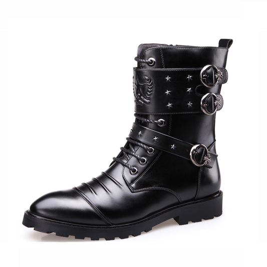 CLEARANCE / Men's PU Leather Motorcycle Black Combat Boots / Goth Shoes