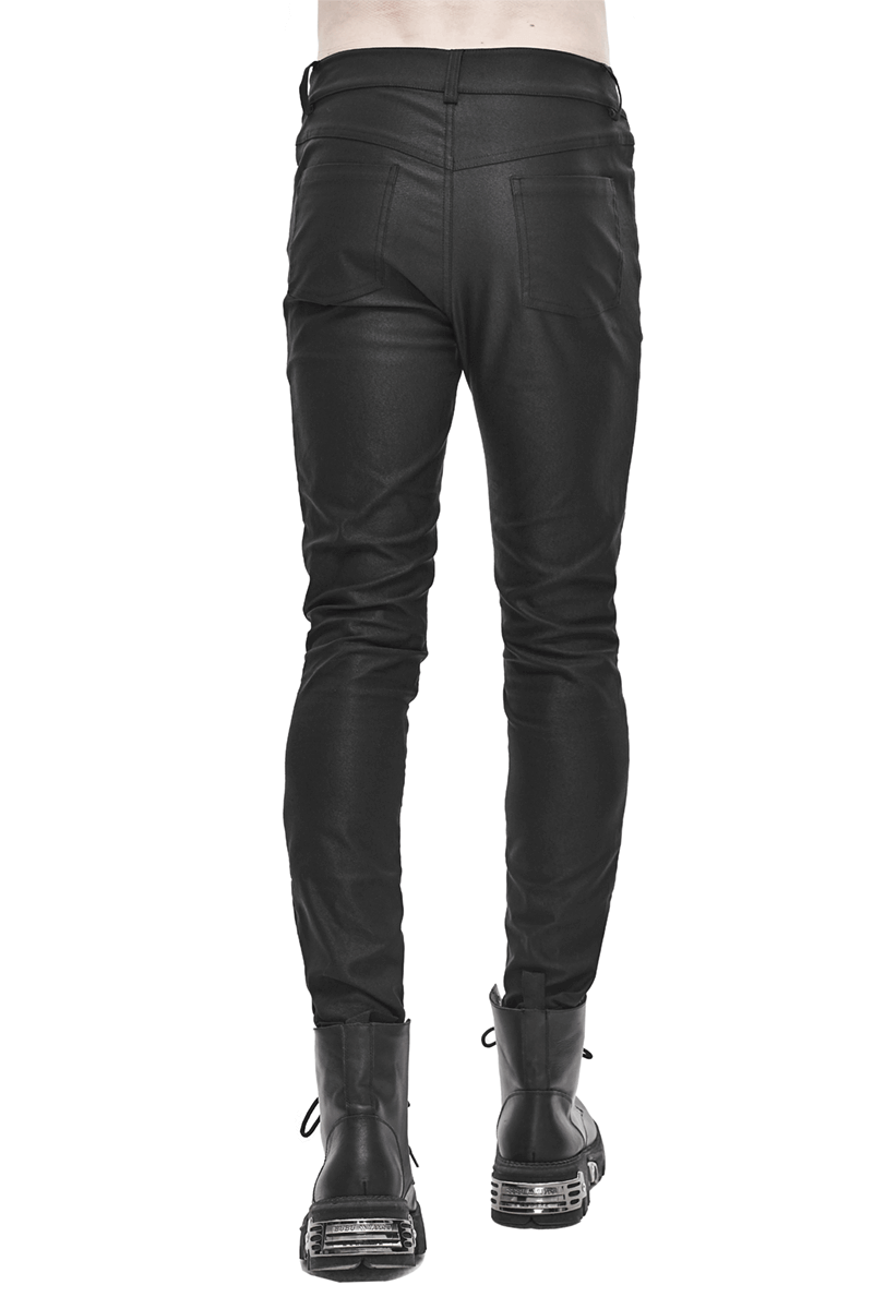 Men's PU Spliced Stripes Skinny Trousers / Casual Male Black Pants in Cyberpunk Style