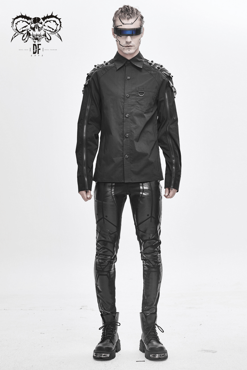 Men's PU Spliced Stripes Skinny Trousers / Casual Male Black Pants in Cyberpunk Style