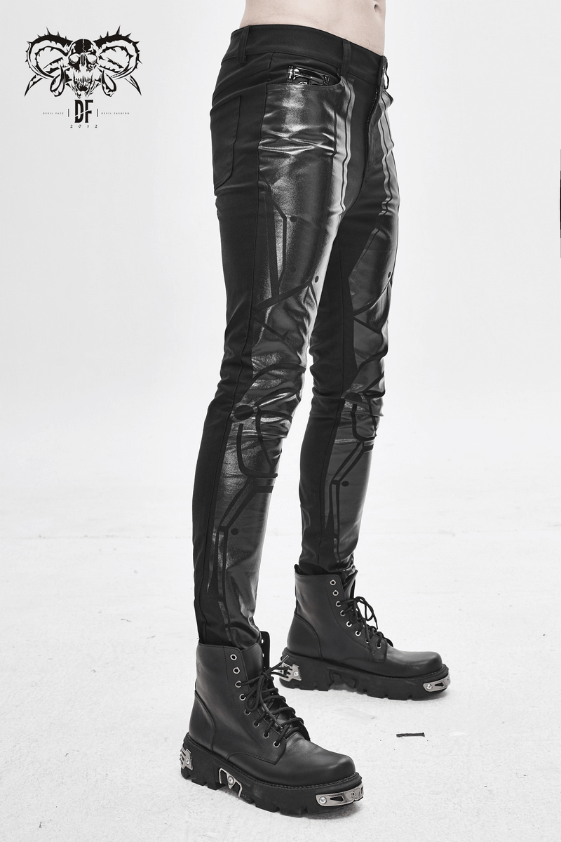 Men's PU Spliced Stripes Skinny Trousers / Casual Male Black Pants in Cyberpunk Style