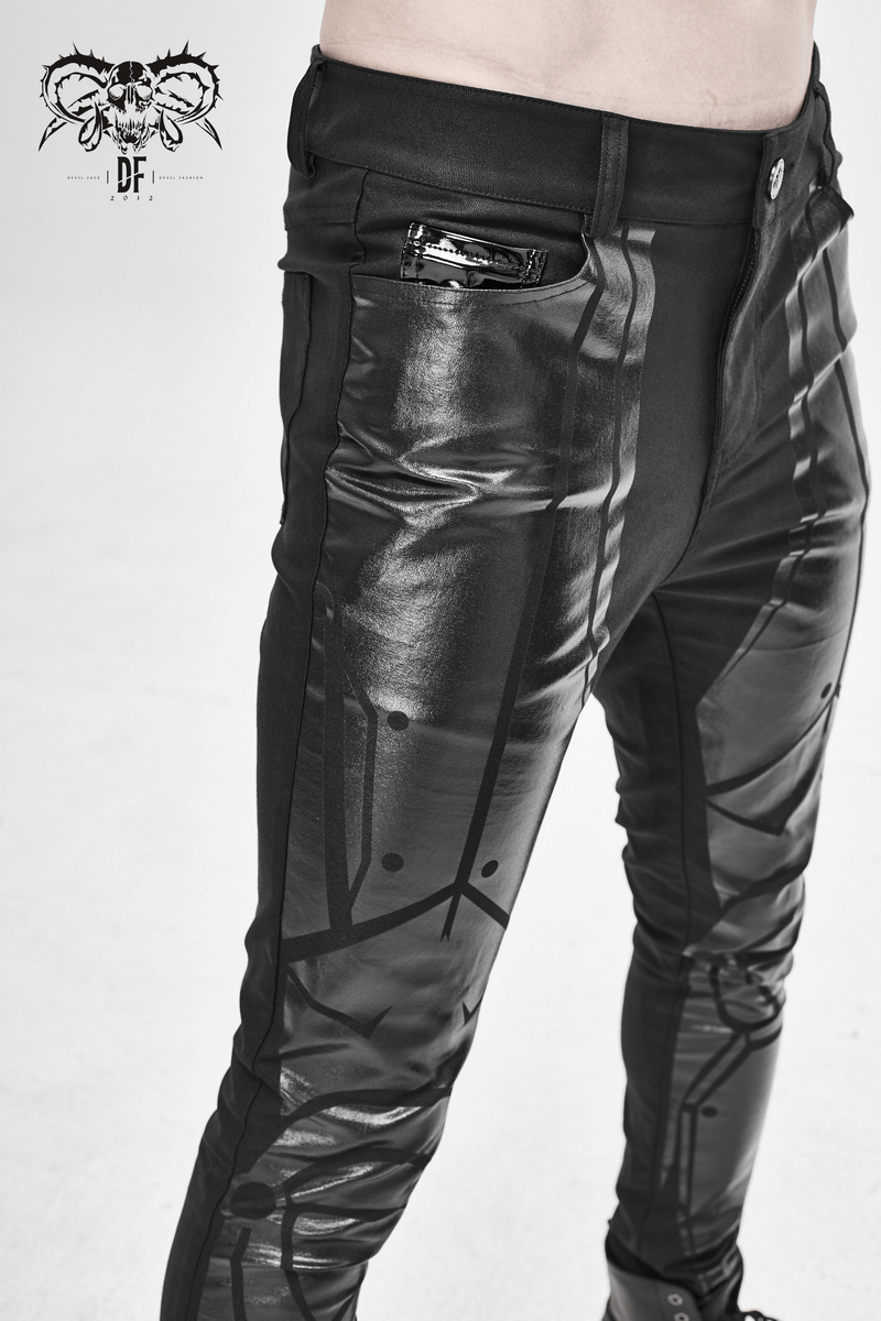 Men's PU Spliced Stripes Skinny Trousers / Casual Male Black Pants in Cyberpunk Style