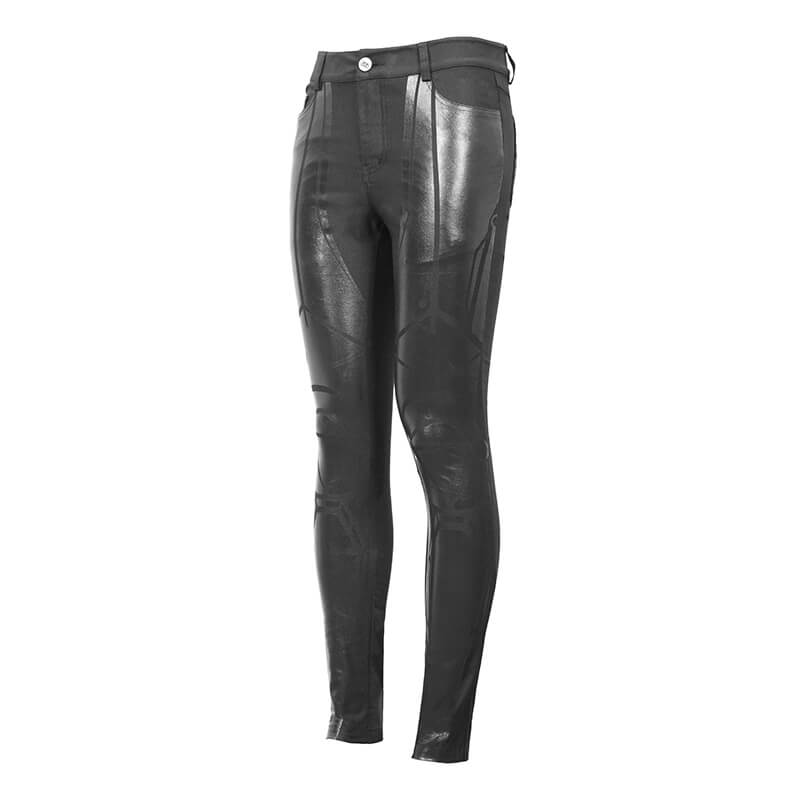 Men's PU Spliced Stripes Skinny Trousers / Casual Male Black Pants in Cyberpunk Style