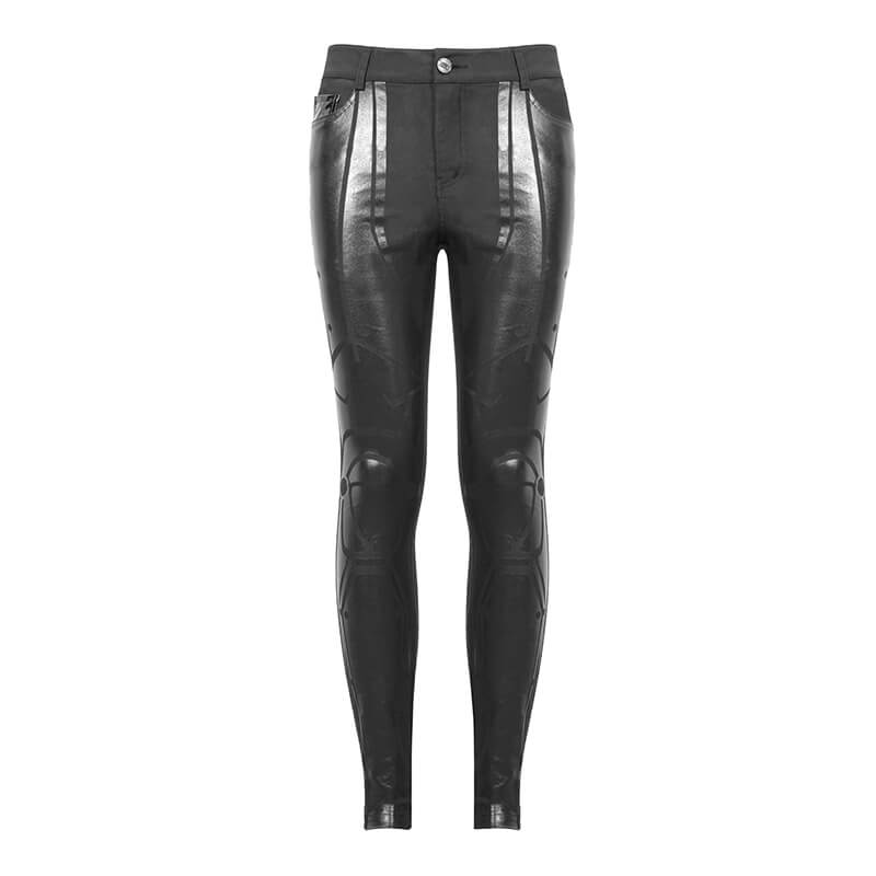 Men's PU Spliced Stripes Skinny Trousers / Casual Male Black Pants in Cyberpunk Style