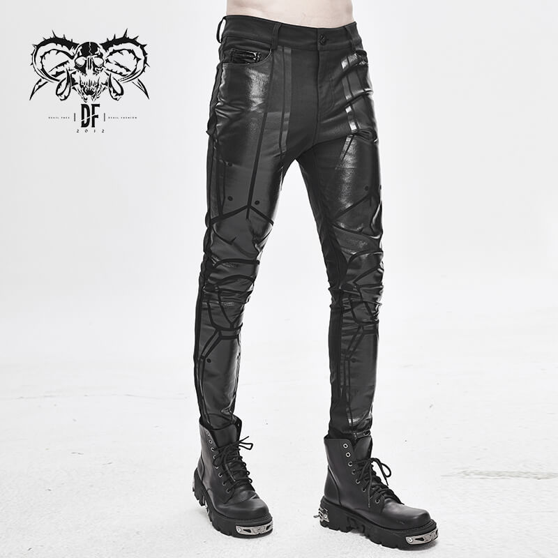 Men's PU Spliced Stripes Skinny Trousers / Casual Male Black Pants in Cyberpunk Style