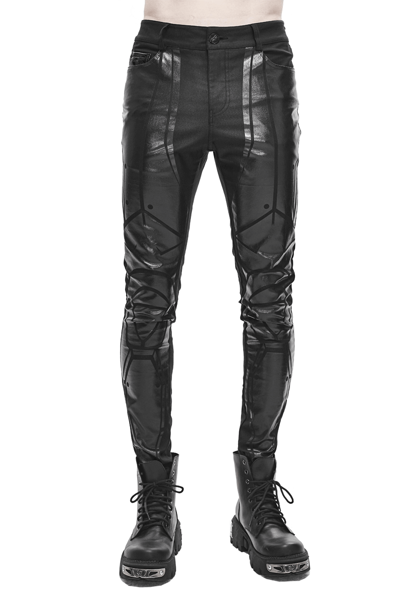 Men's PU Spliced Stripes Skinny Trousers / Casual Male Black Pants in Cyberpunk Style