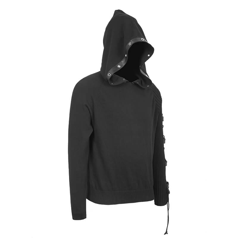 Men's Punk Asymmetry Sleeve Hoodie / Gothic Knit Sweater Hoody with Lace-up & Buckles on Sleeve