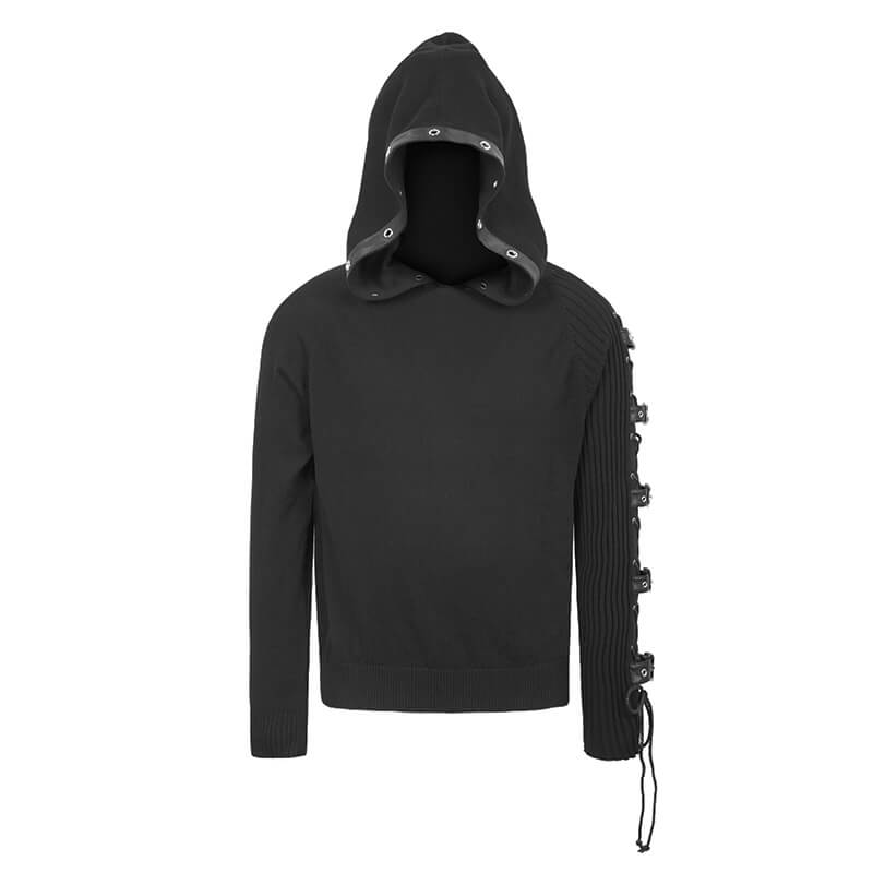 Men's Punk Asymmetry Sleeve Hoodie / Gothic Knit Sweater Hoody with Lace-up & Buckles on Sleeve