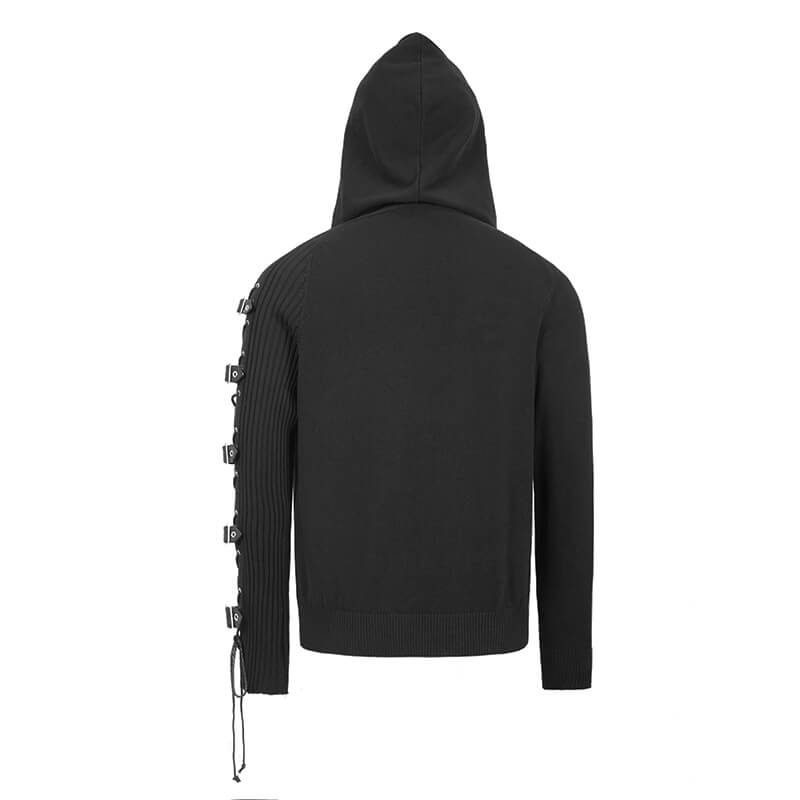 Men's Punk Asymmetry Sleeve Hoodie / Gothic Knit Sweater Hoody with Lace-up & Buckles on Sleeve