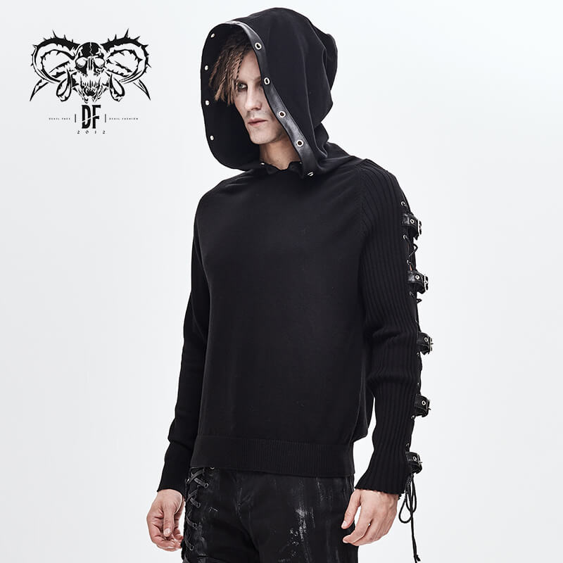 Men's Punk Asymmetry Sleeve Hoodie / Gothic Knit Sweater Hoody with Lace-up & Buckles on Sleeve
