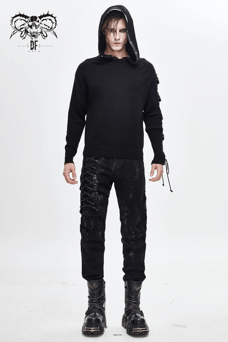 Men's Punk Asymmetry Sleeve Hoodie / Gothic Knit Sweater Hoody with Lace-up & Buckles on Sleeve